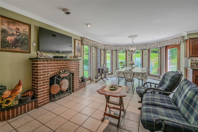1537 Laurel Hollow Rd, Laurel Hollow, NY 11791 - living area featuring crown molding, light tile patterned floors, a brick fireplace, and a chandelier