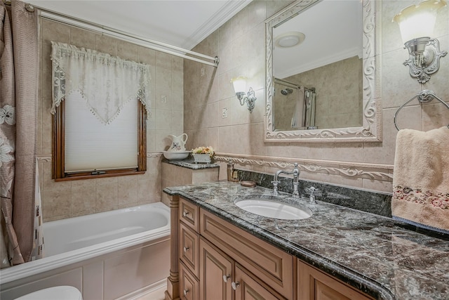 1537 Laurel Hollow Rd, Laurel Hollow, NY 11791 - full bath with ornamental molding, a tub, vanity, tile walls, and a shower with shower curtain