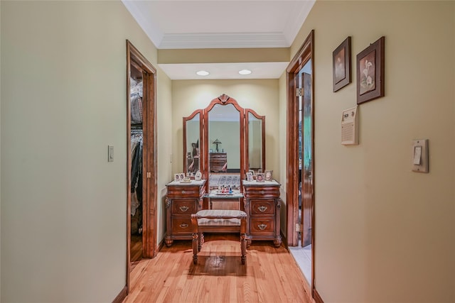 1537 Laurel Hollow Rd, Laurel Hollow, NY 11791 - corridor with light wood finished floors and ornamental molding