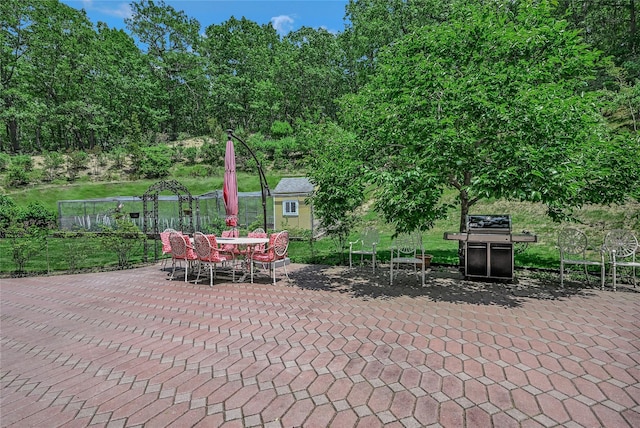 1537 Laurel Hollow Rd, Laurel Hollow, NY 11791 - view of patio / terrace featuring an outbuilding, area for grilling, and outdoor dining space