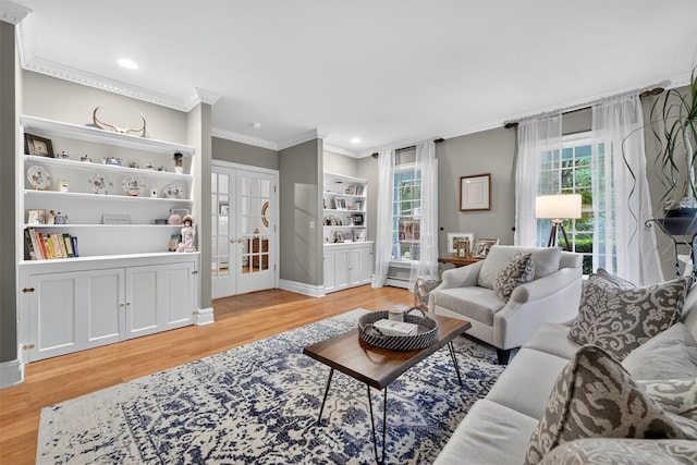 114 Bulsontown Rd, Stony Point, NY 10980 - living room featuring ornamental molding, light wood-type flooring, french doors, and recessed lighting