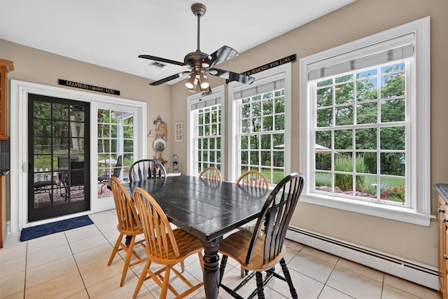 114 Bulsontown Rd, Stony Point, NY 10980 - dining room featuring a baseboard radiator, light tile patterned flooring, and ceiling fan
