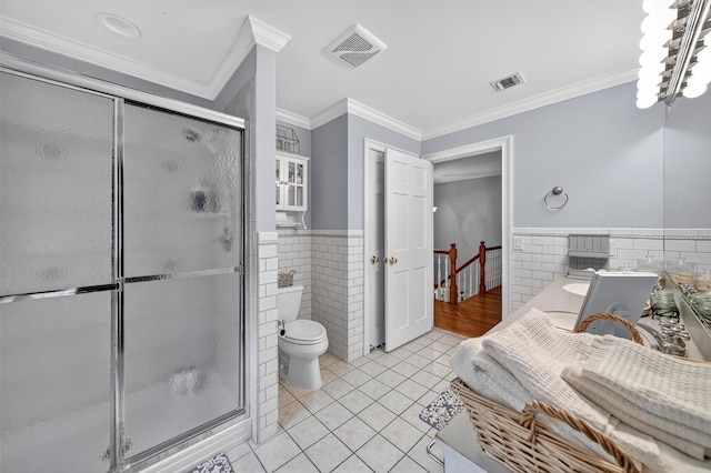 114 Bulsontown Rd, Stony Point, NY 10980 - bathroom with tile walls, tile patterned floors, wainscoting, double vanity, and a stall shower