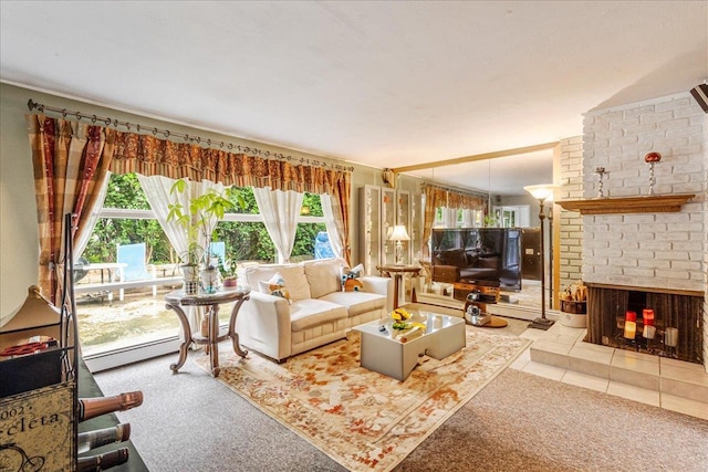 49 Radcliff Ave, Port Washington, NY 11050 - living room with baseboard heating, carpet, a brick fireplace, and tile patterned floors