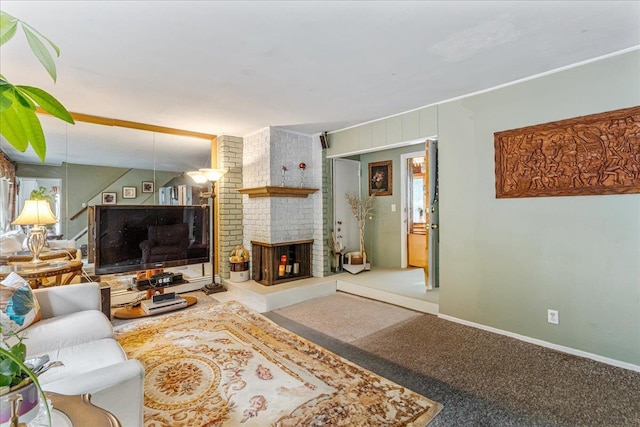 49 Radcliff Ave, Port Washington, NY 11050 - carpeted living room with a brick fireplace and baseboards