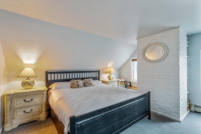49 Radcliff Ave, Port Washington, NY 11050 - bedroom with carpet flooring, vaulted ceiling, and brick wall