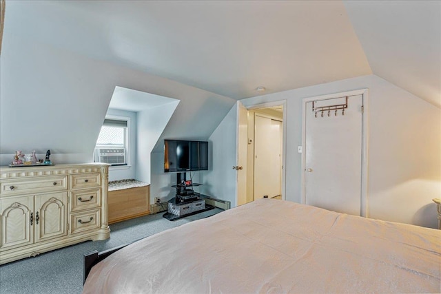49 Radcliff Ave, Port Washington, NY 11050 - bedroom featuring lofted ceiling, a baseboard radiator, carpet, and cooling unit