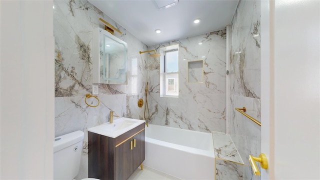 442 Newport St, Brooklyn, NY 11207 - bathroom featuring vanity, tile walls, shower / tub combination, and recessed lighting