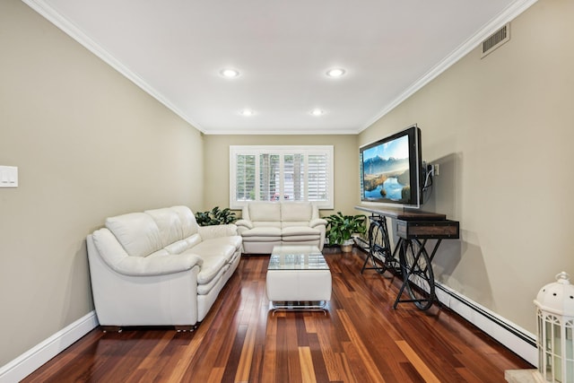 57 Sarah Dr, Lake Grove, NY 11755 - living room with ornamental molding, dark wood-style floors, recessed lighting, and baseboard heating