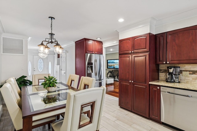 57 Sarah Dr, Lake Grove, NY 11755 - dining room with ornamental molding, a chandelier, light wood finished floors, and recessed lighting