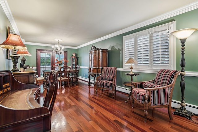 57 Sarah Dr, Lake Grove, NY 11755 - office featuring a chandelier, hardwood / wood-style flooring, a baseboard radiator, baseboard heating, and crown molding