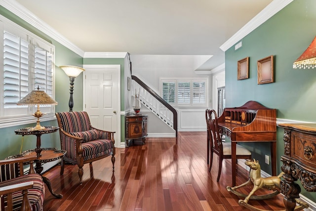 57 Sarah Dr, Lake Grove, NY 11755 - living area featuring stairs, hardwood / wood-style flooring, and crown molding