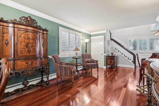 57 Sarah Dr, Lake Grove, NY 11755 - living area featuring stairway, plenty of natural light, hardwood / wood-style floors, a baseboard radiator, and ornamental molding