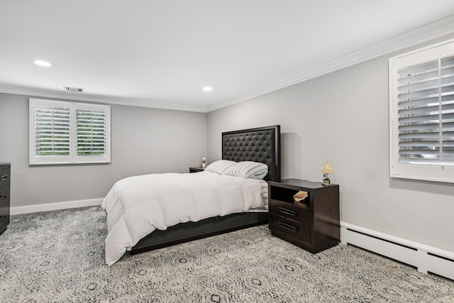 57 Sarah Dr, Lake Grove, NY 11755 - bedroom with a baseboard heating unit, crown molding, recessed lighting, carpet, and multiple windows