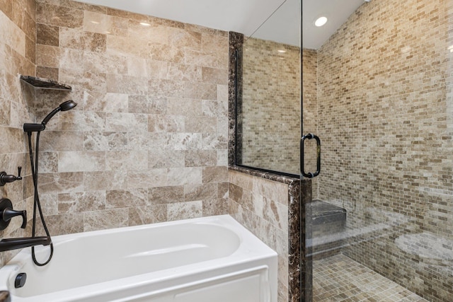 57 Sarah Dr, Lake Grove, NY 11755 - full bathroom featuring a bath, a tile shower, and recessed lighting