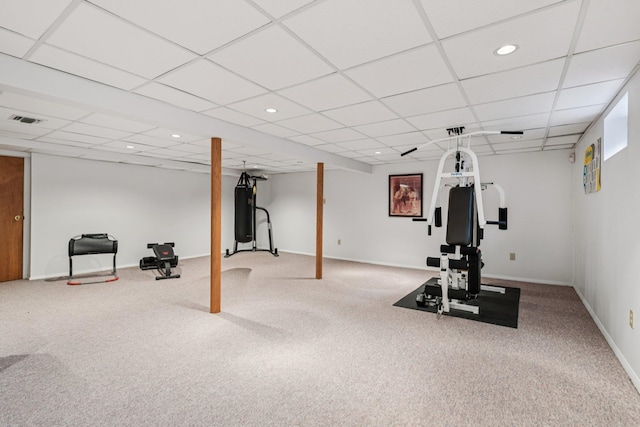 57 Sarah Dr, Lake Grove, NY 11755 - exercise area with carpet, a drop ceiling, and recessed lighting
