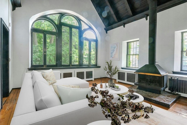 23 Gracemere, Tarrytown, NY 10591 - living room featuring a wood stove, radiator, wood finished floors, high vaulted ceiling, and beamed ceiling