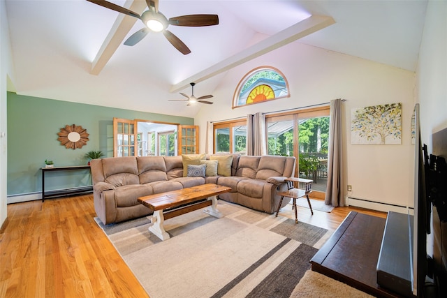322 Union School Rd, Middletown, NY 10941 - living room featuring baseboard heating, ceiling fan, high vaulted ceiling, and light wood finished floors