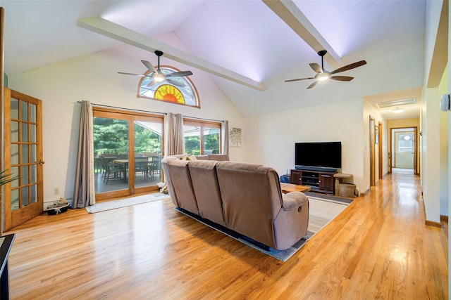 322 Union School Rd, Middletown, NY 10941 - living area featuring ceiling fan, light wood-style floors, high vaulted ceiling, and beamed ceiling
