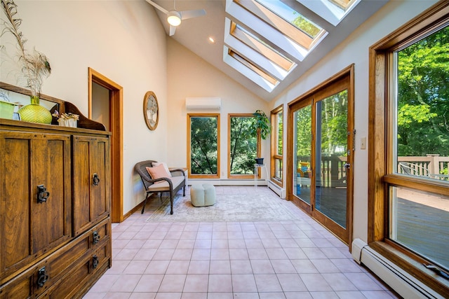 322 Union School Rd, Middletown, NY 10941 - sunroom with a baseboard radiator, a skylight, tile patterned floors, a wall mounted air conditioner, and plenty of natural light