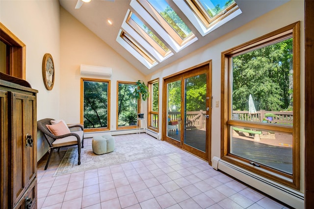 322 Union School Rd, Middletown, NY 10941 - sunroom featuring baseboard heating, a skylight, a wall unit AC, tile patterned floors, and high vaulted ceiling