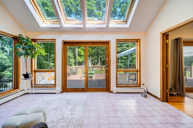 322 Union School Rd, Middletown, NY 10941 - doorway to outside featuring a skylight, a baseboard heating unit, vaulted ceiling, and light tile patterned floors
