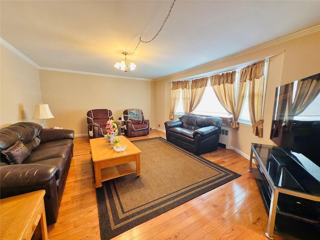 945 Swinton Ave, Bronx, NY 10465 - living room with radiator, a chandelier, light wood-type flooring, and crown molding