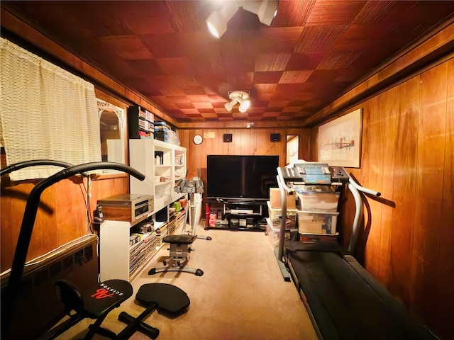 945 Swinton Ave, Bronx, NY 10465 - workout room featuring wooden walls and carpet floors