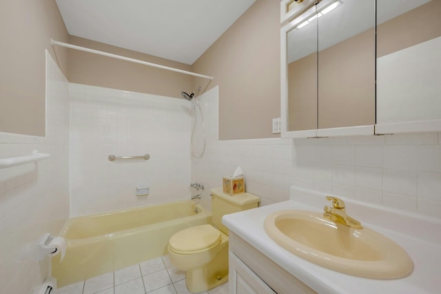 12 Scenic Dr Unit K, Croton-On-Hudson, NY 10520 - bathroom with tile walls,  shower combination, vanity, tile patterned flooring, and a baseboard radiator