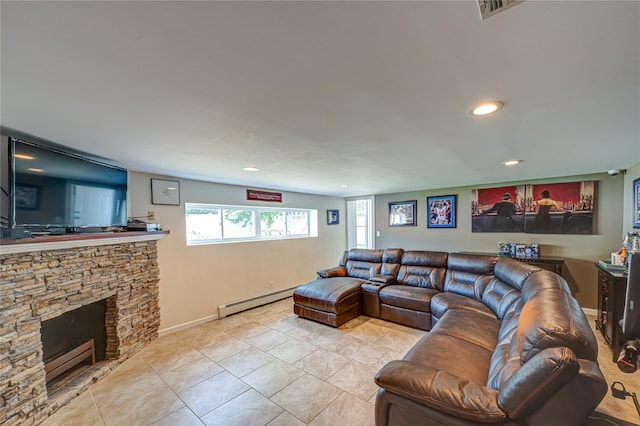 17 Abbott St, West Babylon, NY 11704 - living area featuring baseboard heating, a stone fireplace, recessed lighting, and light tile patterned floors
