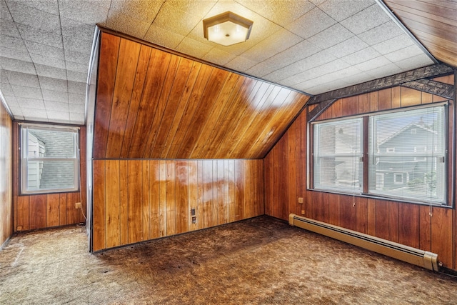 662 Benris Ave, Franklin Square, NY 11010 - additional living space with a baseboard heating unit, plenty of natural light, dark carpet, wood walls, and lofted ceiling