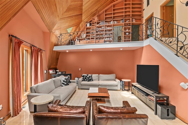 295 N Salem Rd, Waccabuc, NY 10597 - tiled living area with high vaulted ceiling, wood ceiling, and stairs