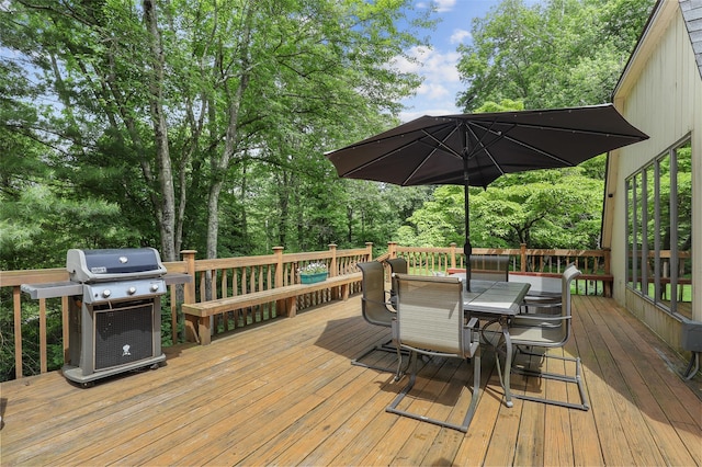 295 N Salem Rd, Waccabuc, NY 10597 - deck featuring grilling area, outdoor dining area, and view of wooded area