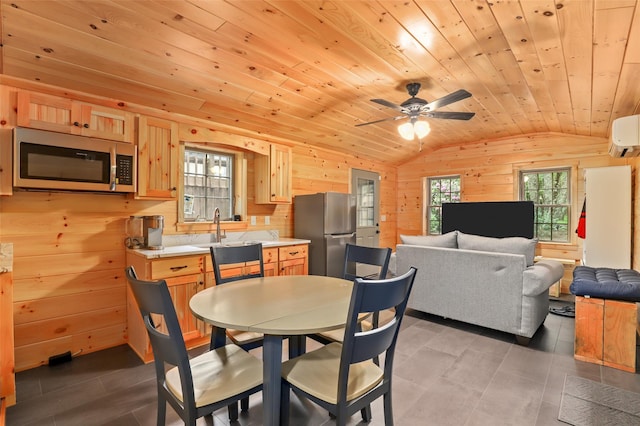 295 N Salem Rd, Waccabuc, NY 10597 - dining space with lofted ceiling, wood walls, wooden ceiling, a ceiling fan, and a wall unit AC