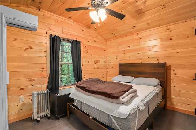 295 N Salem Rd, Waccabuc, NY 10597 - bedroom featuring a wall mounted air conditioner, radiator, tile patterned floors, vaulted ceiling, and wooden ceiling