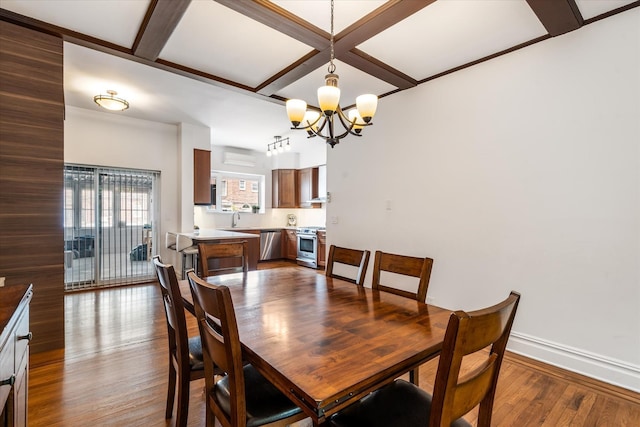 88-37 74th Ave, Glendale, NY 11385 - dining room with a chandelier, coffered ceiling, dark wood-type flooring, and beam ceiling