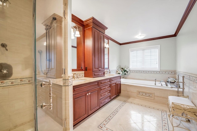 51 Highfield Ave, Port Washington, NY 11050 - bathroom with a shower stall, crown molding, a garden tub, double vanity, and tile patterned flooring