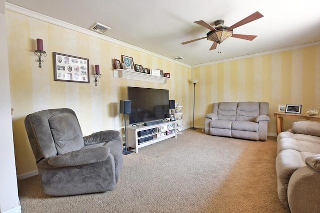 7 Amber Ln, Coram, NY 11727 - living room with crown molding, carpet, ceiling fan, and wallpapered walls