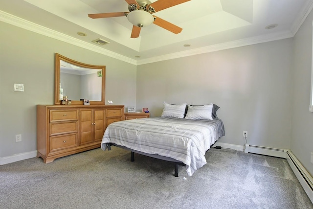 7 Amber Ln, Coram, NY 11727 - bedroom featuring a raised ceiling, baseboard heating, light colored carpet, and ornamental molding