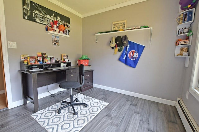 7 Amber Ln, Coram, NY 11727 - home office featuring a baseboard radiator, wood finished floors, and crown molding