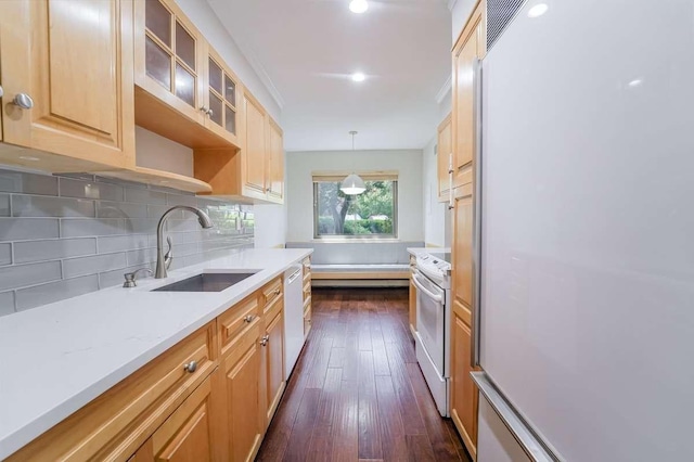 13 Bayberry Ln, Rye Brook, NY 10573 - kitchen with white appliances, dark wood-style floors, decorative backsplash, open shelves, and light brown cabinets