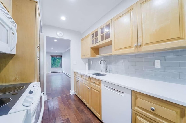 13 Bayberry Ln, Rye Brook, NY 10573 - kitchen featuring white appliances, dark wood-style floors, decorative backsplash, light brown cabinetry, and recessed lighting