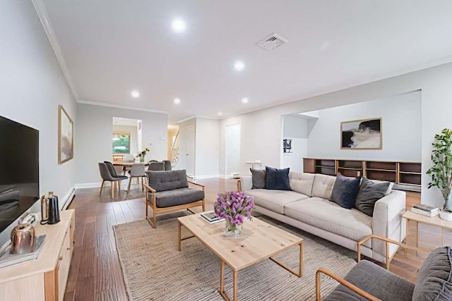 13 Bayberry Ln, Rye Brook, NY 10573 - living room with ornamental molding, recessed lighting, and hardwood / wood-style flooring