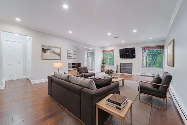 13 Bayberry Ln, Rye Brook, NY 10573 - living area featuring baseboard heating, hardwood / wood-style floors, a baseboard radiator, recessed lighting, and a glass covered fireplace