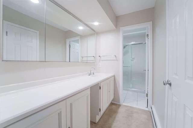 13 Bayberry Ln, Rye Brook, NY 10573 - full bath with a shower stall, vanity, a baseboard radiator, and recessed lighting