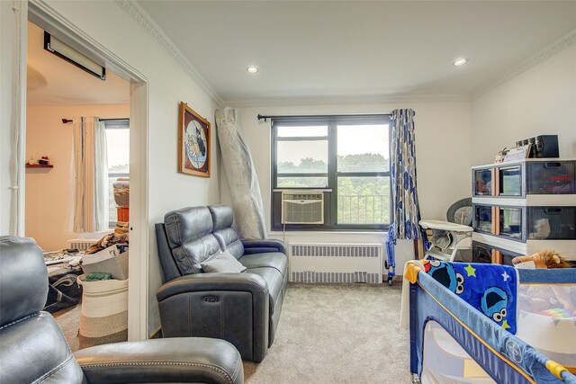 83-85 Woodhaven Blvd Unit 6F, Woodhaven, NY 11421 - game room featuring radiator, carpet flooring, crown molding, and recessed lighting