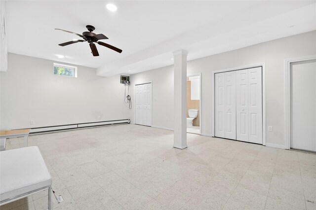 18 Jenkins Ct, Ossining, NY 10562 - unfurnished living room featuring baseboard heating, recessed lighting, ceiling fan, and a wall mounted air conditioner