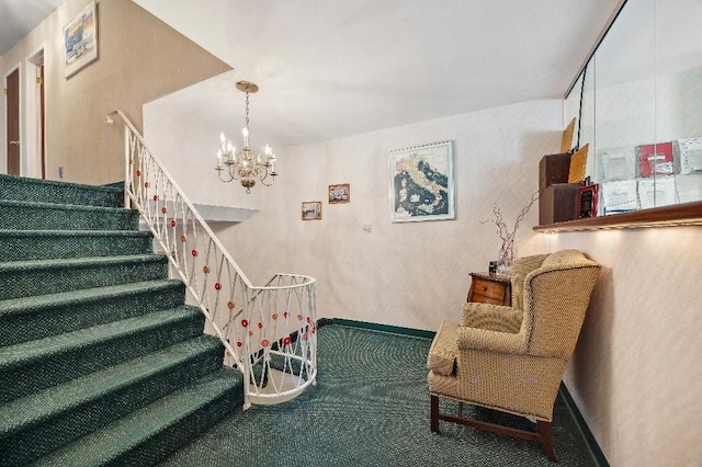 214-04 18th Ave, Bayside, NY 11360 - stairs with carpet flooring and a chandelier