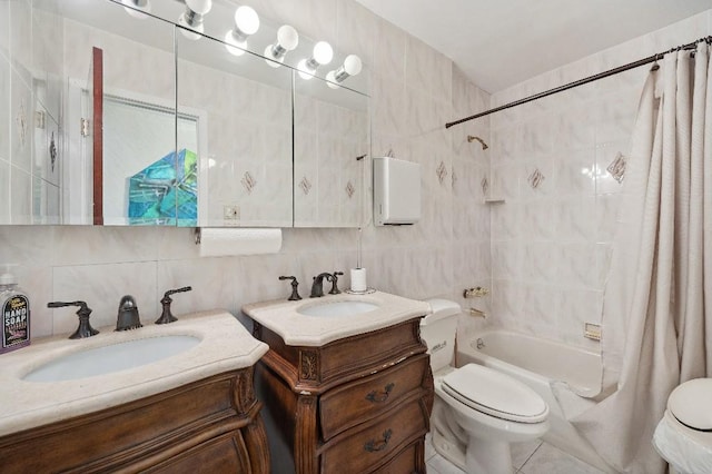 214-04 18th Ave, Bayside, NY 11360 - full bathroom featuring shower / tub combo with curtain, tile walls, two vanities, and backsplash