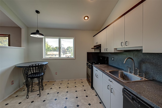 21 Clifford Blvd, Hauppauge, NY 11788 - kitchen featuring black appliances, under cabinet range hood, dark countertops, healthy amount of natural light, and lofted ceiling